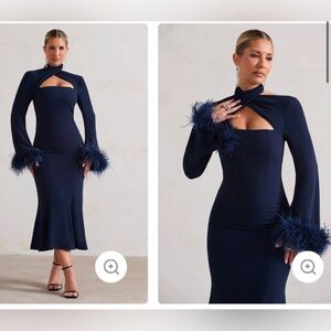 Navy Blue Fur Cuff midi dress club london